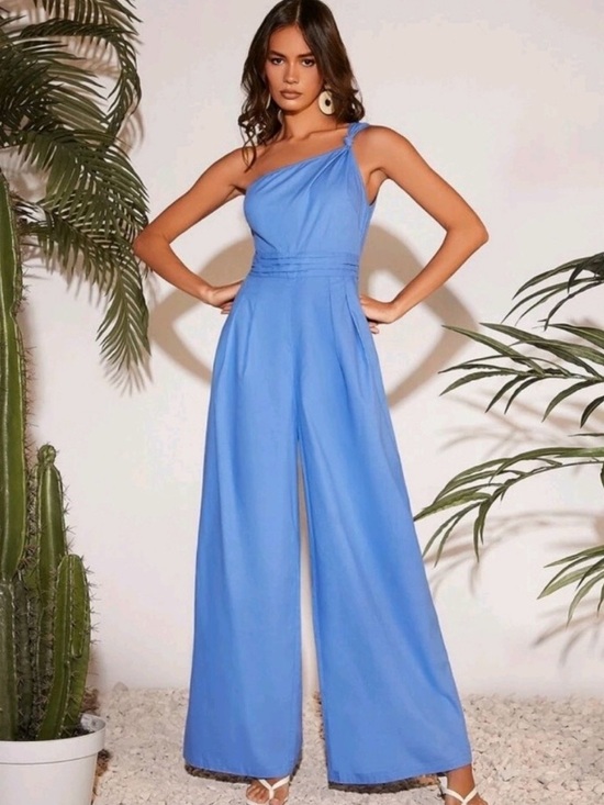 Pants - One-Shoulder Wide-Leg Jumpsuit in Sky Blue